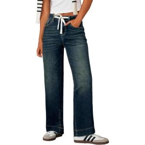 imageSidefeel Womens Wide Leg Jeans High Waisted Stretchy Straight Leg Baggy Drawstring Zimbaplatinum Denim PantsReal Teal