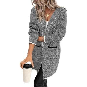 imageSidefeel Womens 2025 Fall Outfits Long Sleeve Open Front Contrast Cardigan Sweaters Oversized Chunky Hooded Sweaters CoatGray