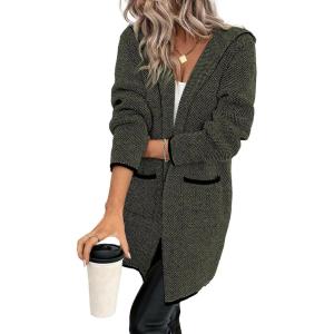 imageSidefeel Womens 2025 Fall Outfits Long Sleeve Open Front Contrast Cardigan Sweaters Oversized Chunky Hooded Sweaters CoatGreen