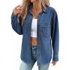 imageSidefeel Women Denim Shirts Oversized Long Sleeve Button Down Blouse V Neck Casual Top ShacketsBlue