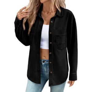imageSidefeel Women Denim Shirts Oversized Long Sleeve Button Down Blouse V Neck Casual Top ShacketsBlack