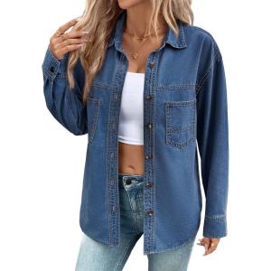 imageSidefeel Women Denim Shirts Oversized Long Sleeve Button Down Blouse V Neck Casual Top ShacketsBlue