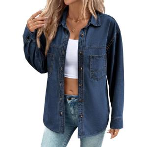 imageSidefeel Women Denim Shirts Oversized Long Sleeve Button Down Blouse V Neck Casual Top ShacketsDark Blue