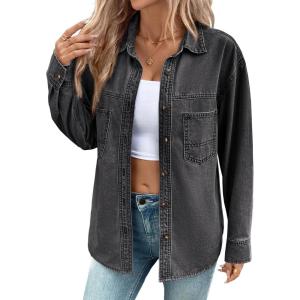 imageSidefeel Women Denim Shirts Oversized Long Sleeve Button Down Blouse V Neck Casual Top ShacketsGray