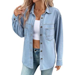 imageSidefeel Women Denim Shirts Oversized Long Sleeve Button Down Blouse V Neck Casual Top ShacketsSky Blue