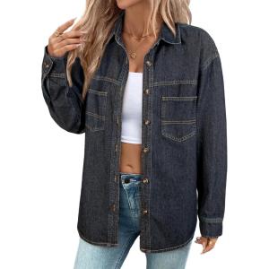 imageSidefeel Women Denim Shirts Oversized Long Sleeve Button Down Blouse V Neck Casual Top ShacketsVintage Blue