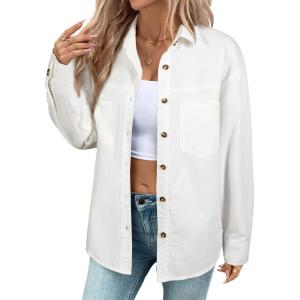 imageSidefeel Women Denim Shirts Oversized Long Sleeve Button Down Blouse V Neck Casual Top ShacketsWhite