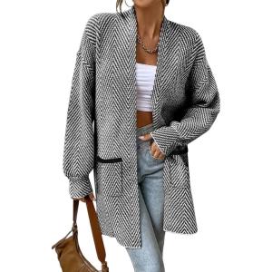 imageSidefeel Womens 2025 Fall Outfits Long Sleeve Open Front Striped Cardigan Sweaters Chevron Chunky Knit Sweaters CoatBlack and White