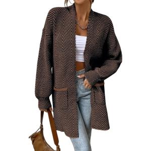 imageSidefeel Womens 2025 Fall Outfits Long Sleeve Open Front Striped Cardigan Sweaters Chevron Chunky Knit Sweaters CoatBrown