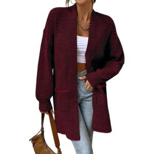imageSidefeel Womens 2025 Fall Outfits Long Sleeve Open Front Striped Cardigan Sweaters Chevron Chunky Knit Sweaters CoatBurgundy