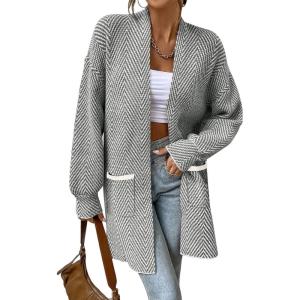 imageSidefeel Womens 2025 Fall Outfits Long Sleeve Open Front Striped Cardigan Sweaters Chevron Chunky Knit Sweaters CoatGray