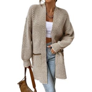imageSidefeel Womens 2025 Fall Outfits Long Sleeve Open Front Striped Cardigan Sweaters Chevron Chunky Knit Sweaters CoatKhaki