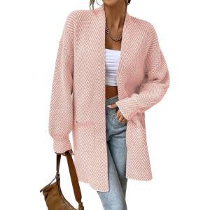 imageSidefeel Womens 2025 Fall Outfits Long Sleeve Open Front Striped Cardigan Sweaters Chevron Chunky Knit Sweaters CoatPink