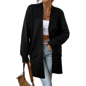 imageSidefeel Womens 2025 Fall Outfits Long Sleeve Open Front Striped Cardigan Sweaters Chevron Chunky Knit Sweaters CoatSolid Black