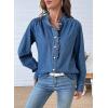 imageSidefeel Womens Denim Shirt Button Down Long Sleeve Ruffled Edge Jean Blouses TopsDark Blue