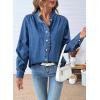 imageSidefeel Womens Denim Shirt Button Down Long Sleeve Ruffled Edge Jean Blouses TopsDark Blue