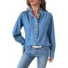 imageSidefeel Womens Denim Shirt Button Down Long Sleeve Ruffled Edge Jean Blouses TopsLight Blue