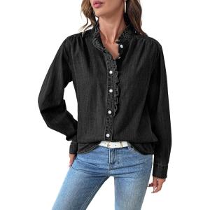 imageSidefeel Womens Denim Shirt Button Down Long Sleeve Ruffled Edge Jean Blouses TopsBlack