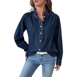 imageSidefeel Womens Denim Shirt Button Down Long Sleeve Ruffled Edge Jean Blouses TopsBluing