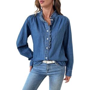 imageSidefeel Womens Denim Shirt Button Down Long Sleeve Ruffled Edge Jean Blouses TopsDark Blue