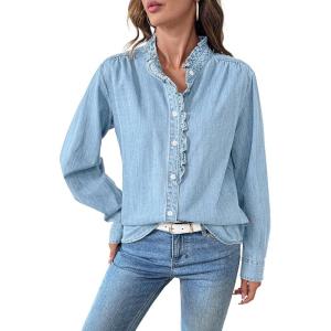 imageSidefeel Womens Denim Shirt Button Down Long Sleeve Ruffled Edge Jean Blouses TopsIceland Blue