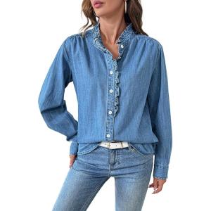 imageSidefeel Womens Denim Shirt Button Down Long Sleeve Ruffled Edge Jean Blouses TopsLight Blue