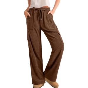 imageSidefeel Womens Corduroy Pants Casual High Waisted Elastic Drawstring Cargo Loose Fit Wide Leg Pants with PocketsBrown