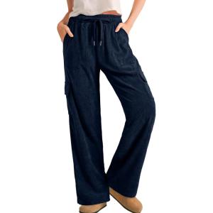 imageSidefeel Womens Corduroy Pants Casual High Waisted Elastic Drawstring Cargo Loose Fit Wide Leg Pants with PocketsNavy Blue