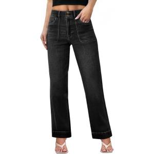 imageSidefeel Womens Straight Leg Jeans High Waisted Stretchy Tummy Control Wide Leg Denim Pants Fall OutfitsBlack