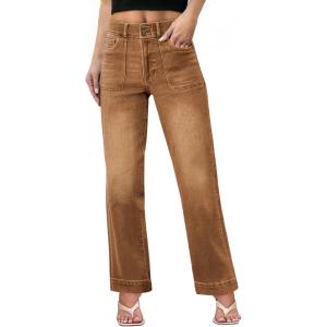 imageSidefeel Womens Straight Leg Jeans High Waisted Stretchy Tummy Control Wide Leg Denim Pants Fall OutfitsBrown