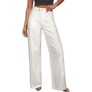 imageSidefeel Womens Wide Leg Jeans High Waisted Stretchy Front Seam Denim PantsWhite