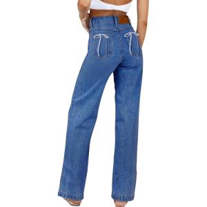 imageSidefeel Womens Jeans High Waisted Straight Leg Stretchy Jeans Trendy Welt Pockets Loose Wide Leg Zimbaplatinum Denim PantsZ Blue