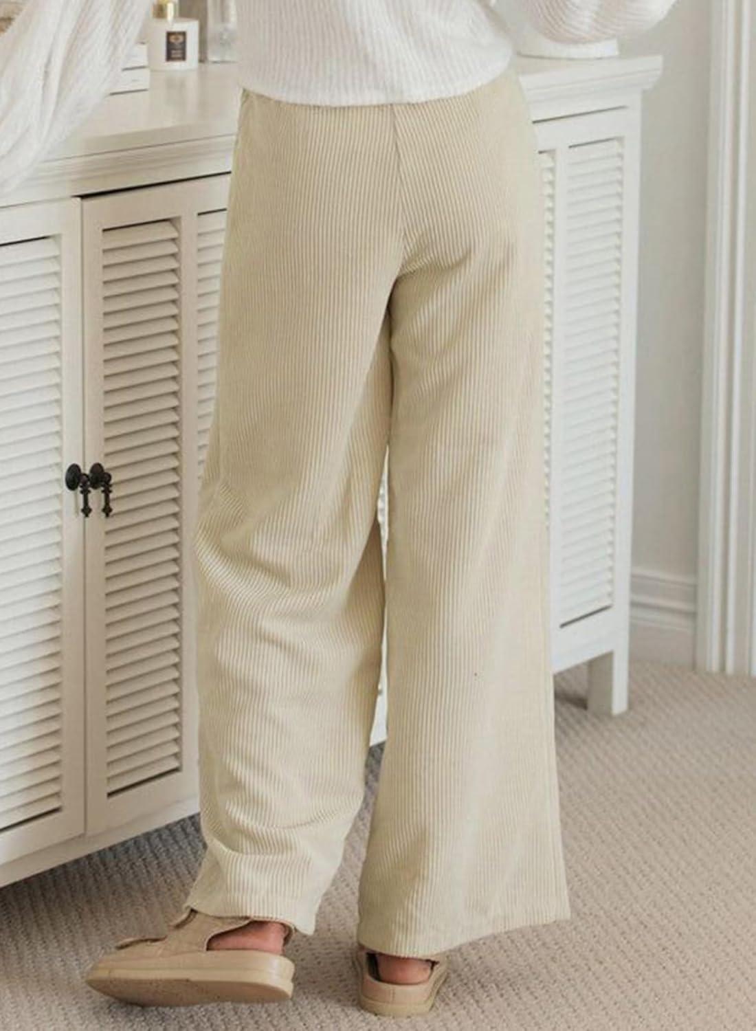 imageSidefeel Corduroy Pants for Women 2025 Casual High Waisted Double Buttoned Stretchy Loose Fit Wide Leg Pants with PocketsApricot