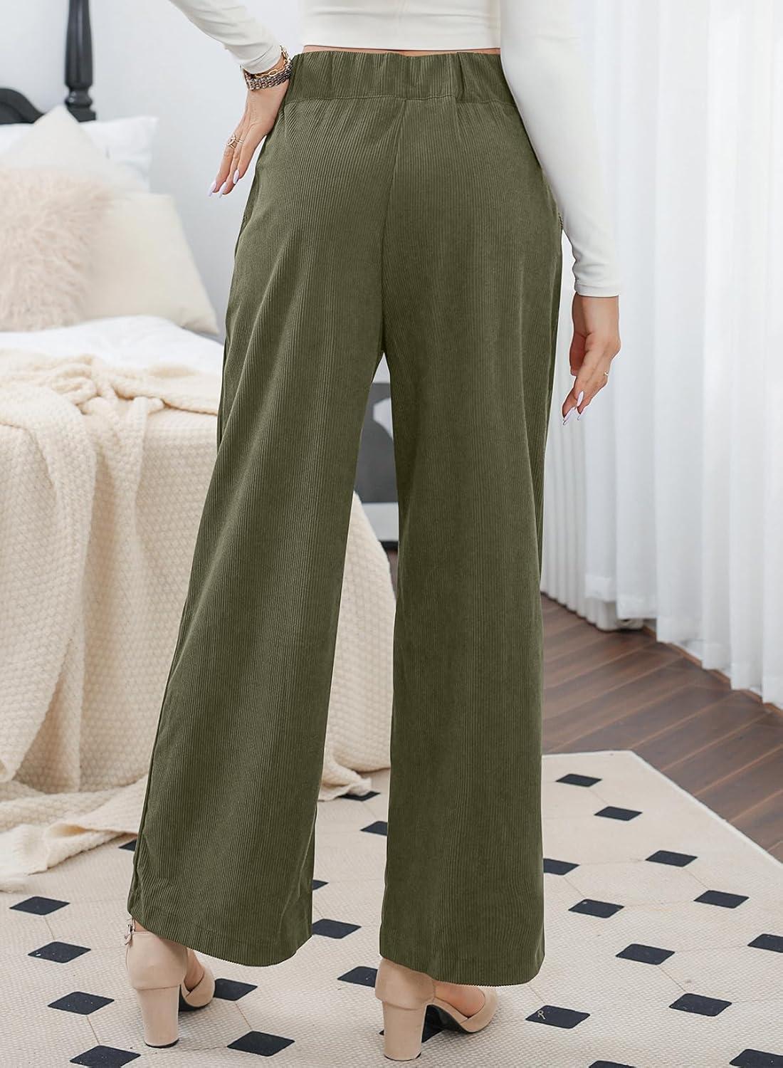 imageSidefeel Corduroy Pants for Women 2025 Casual High Waisted Double Buttoned Stretchy Loose Fit Wide Leg Pants with PocketsArmy Green