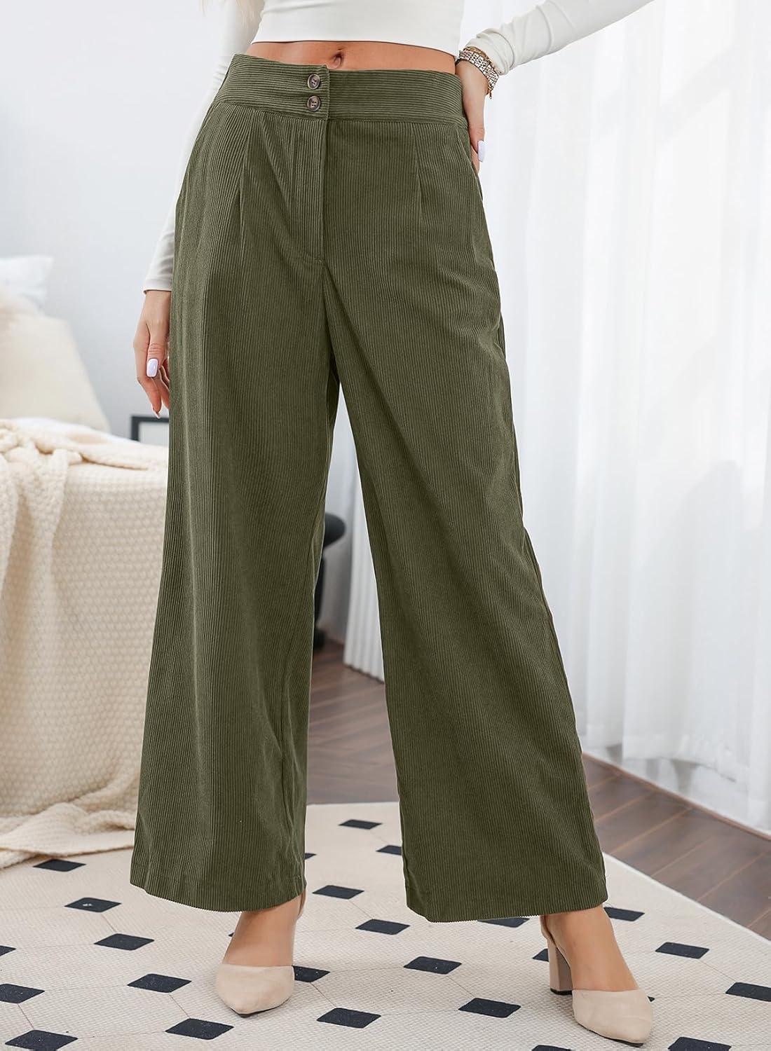 imageSidefeel Corduroy Pants for Women 2025 Casual High Waisted Double Buttoned Stretchy Loose Fit Wide Leg Pants with PocketsArmy Green
