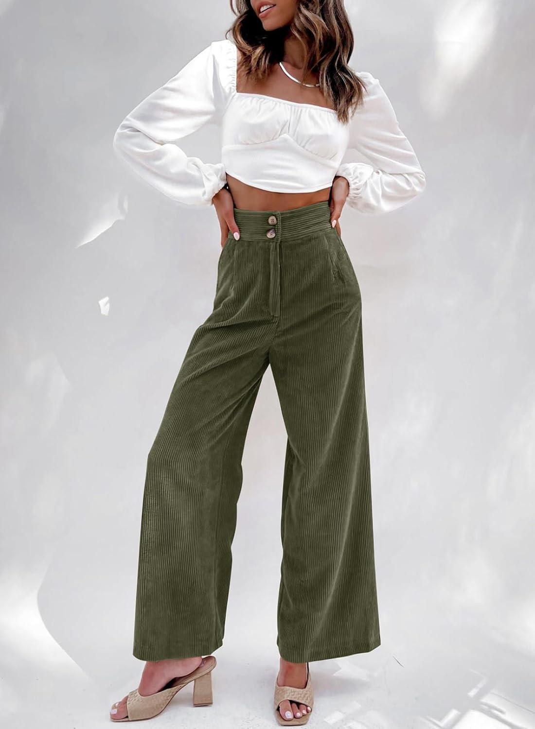 imageSidefeel Corduroy Pants for Women 2025 Casual High Waisted Double Buttoned Stretchy Loose Fit Wide Leg Pants with PocketsArmy Green