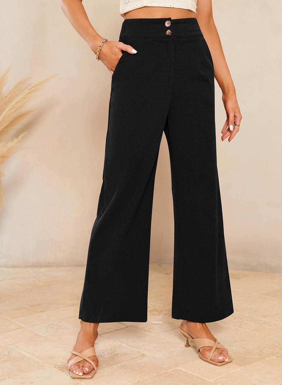 imageSidefeel Corduroy Pants for Women 2025 Casual High Waisted Double Buttoned Stretchy Loose Fit Wide Leg Pants with PocketsBlack