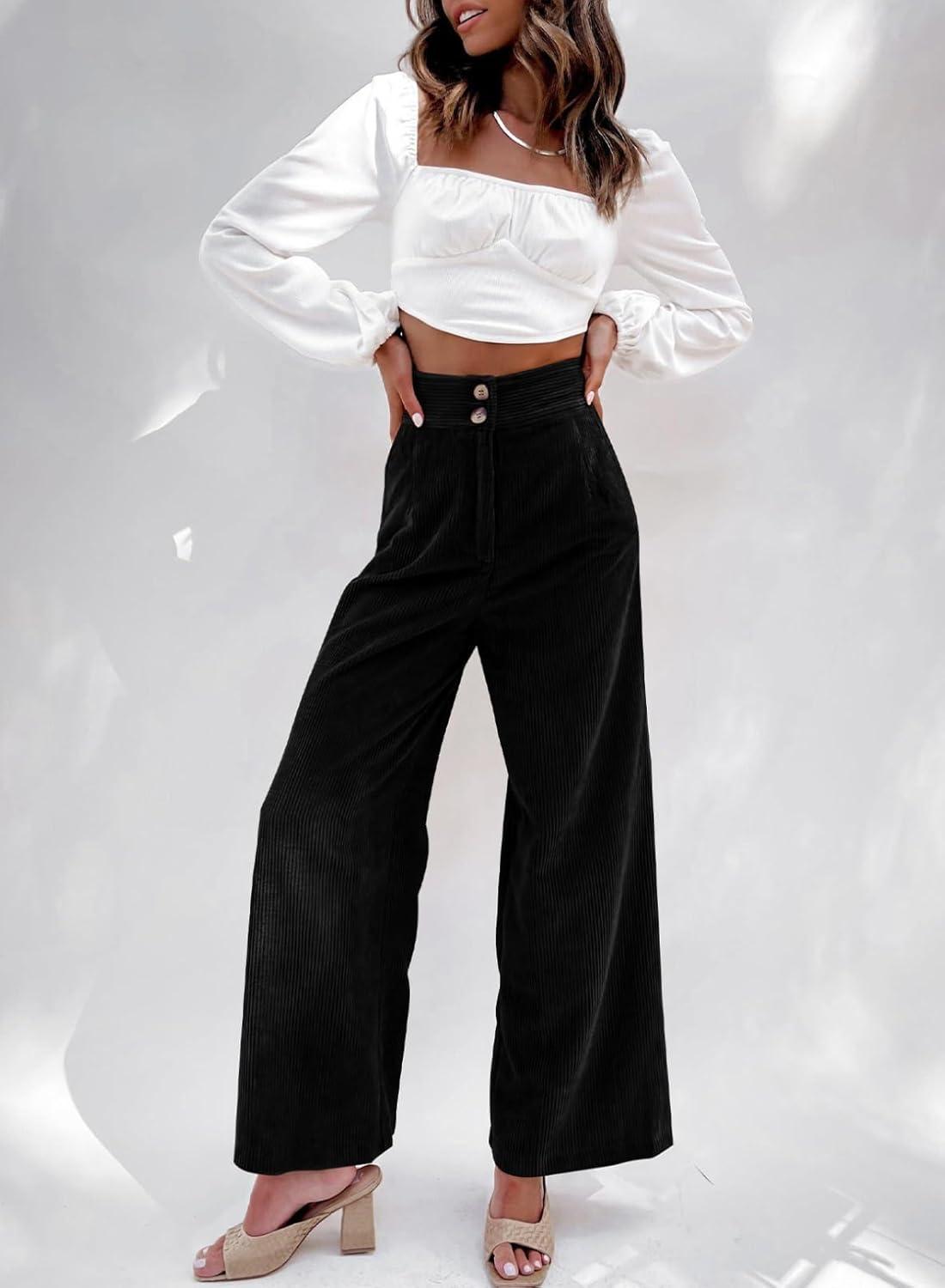 imageSidefeel Corduroy Pants for Women 2025 Casual High Waisted Double Buttoned Stretchy Loose Fit Wide Leg Pants with PocketsBlack