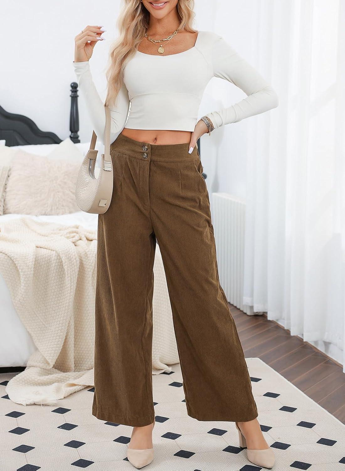 imageSidefeel Corduroy Pants for Women 2025 Casual High Waisted Double Buttoned Stretchy Loose Fit Wide Leg Pants with PocketsBrown