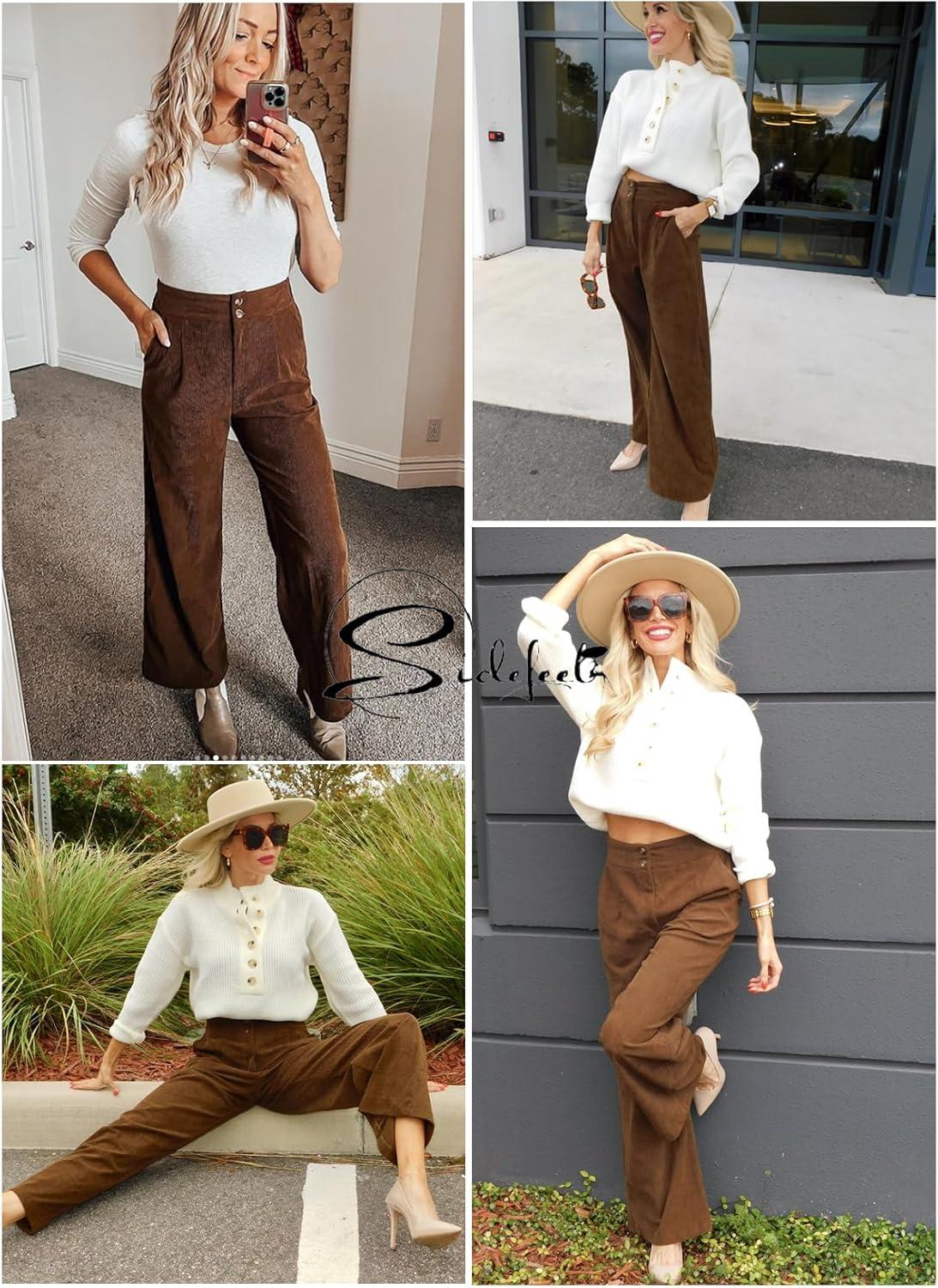 imageSidefeel Corduroy Pants for Women 2025 Casual High Waisted Double Buttoned Stretchy Loose Fit Wide Leg Pants with PocketsBrown