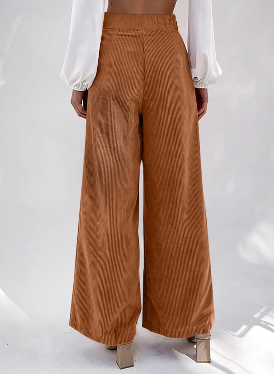 imageSidefeel Corduroy Pants for Women 2025 Casual High Waisted Double Buttoned Stretchy Loose Fit Wide Leg Pants with PocketsChestnut