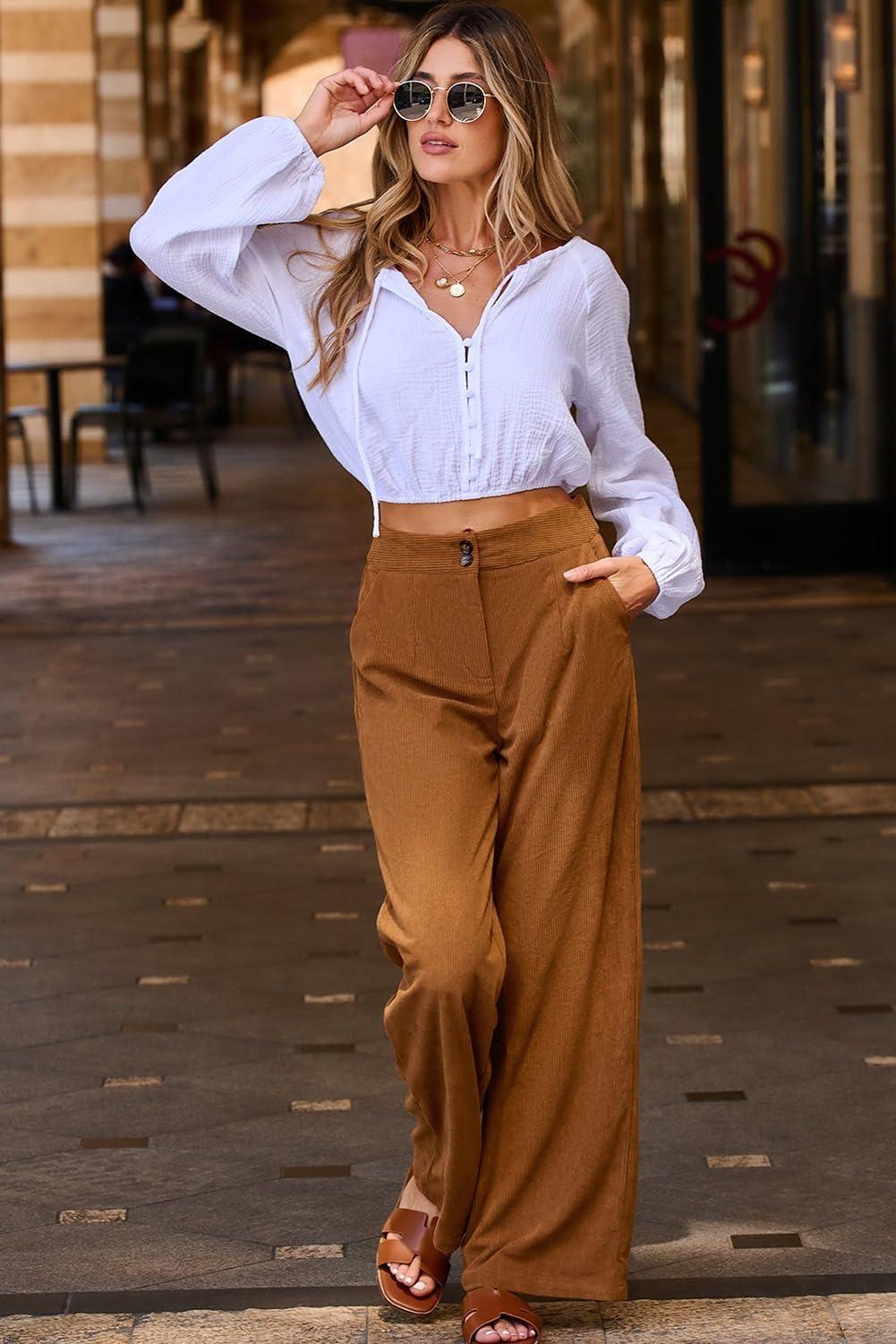 imageSidefeel Corduroy Pants for Women 2025 Casual High Waisted Double Buttoned Stretchy Loose Fit Wide Leg Pants with PocketsChestnut