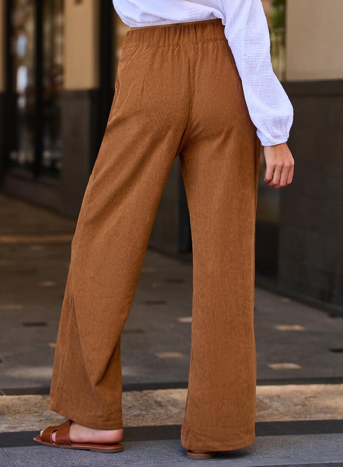 imageSidefeel Corduroy Pants for Women 2025 Casual High Waisted Double Buttoned Stretchy Loose Fit Wide Leg Pants with PocketsChestnut