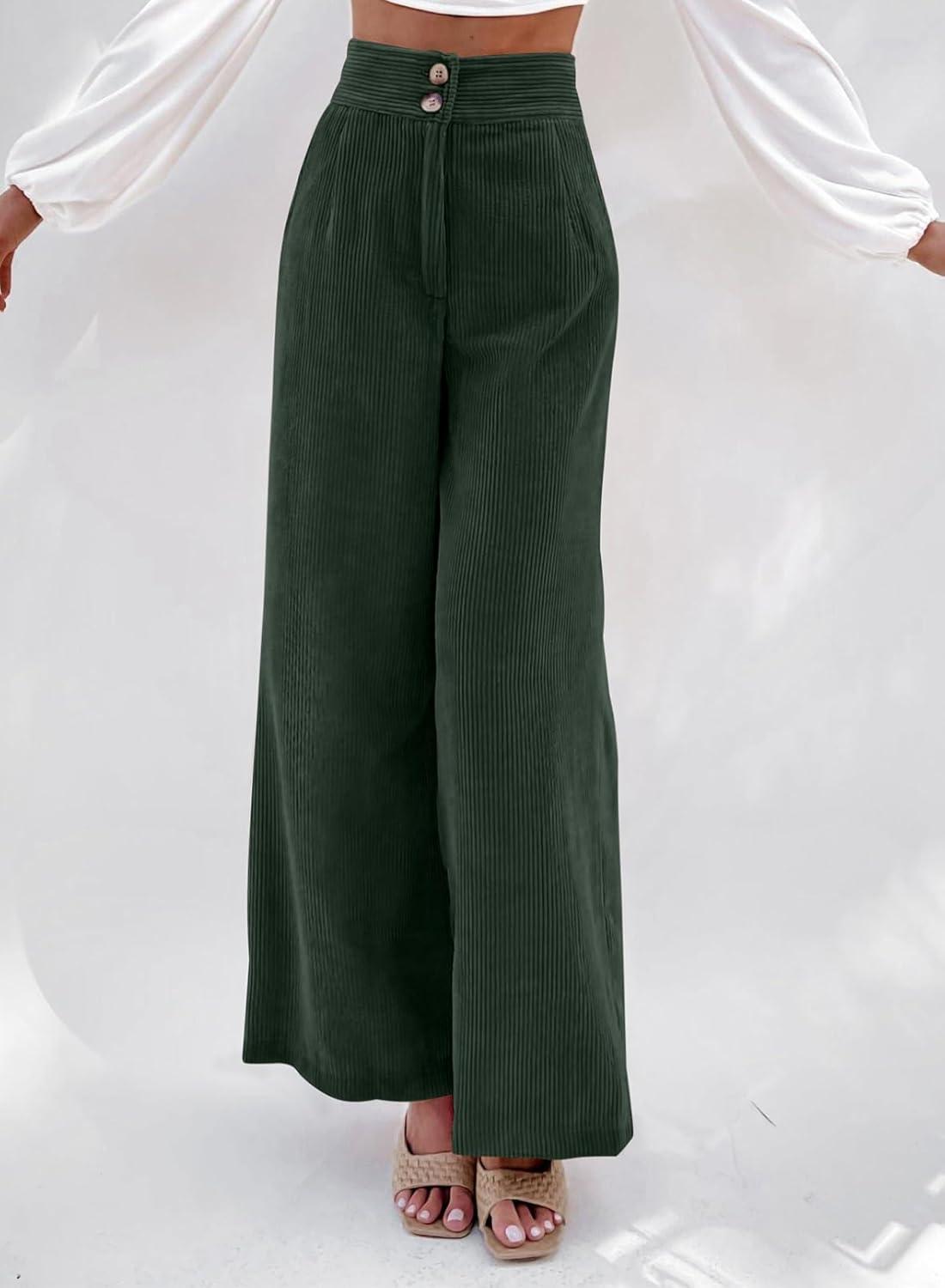 imageSidefeel Corduroy Pants for Women 2025 Casual High Waisted Double Buttoned Stretchy Loose Fit Wide Leg Pants with PocketsDark Green