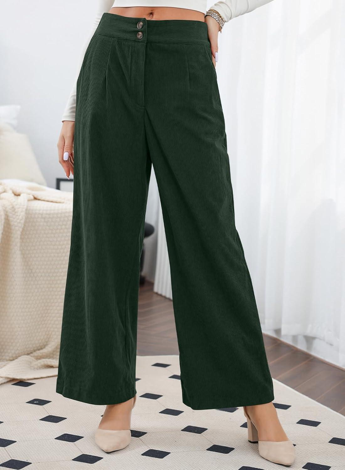 imageSidefeel Corduroy Pants for Women 2025 Casual High Waisted Double Buttoned Stretchy Loose Fit Wide Leg Pants with PocketsDark Green