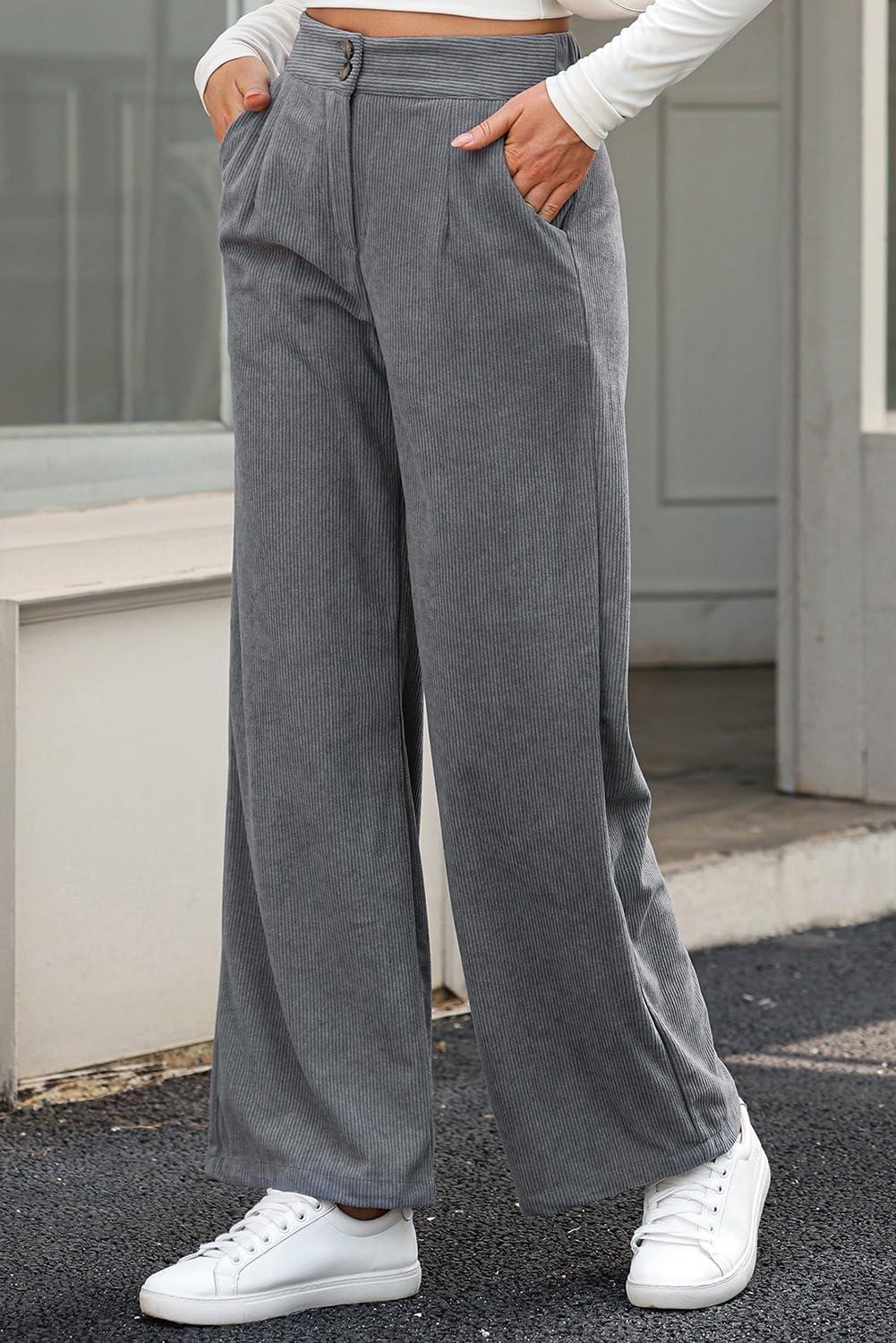 imageSidefeel Corduroy Pants for Women 2025 Casual High Waisted Double Buttoned Stretchy Loose Fit Wide Leg Pants with PocketsGrey