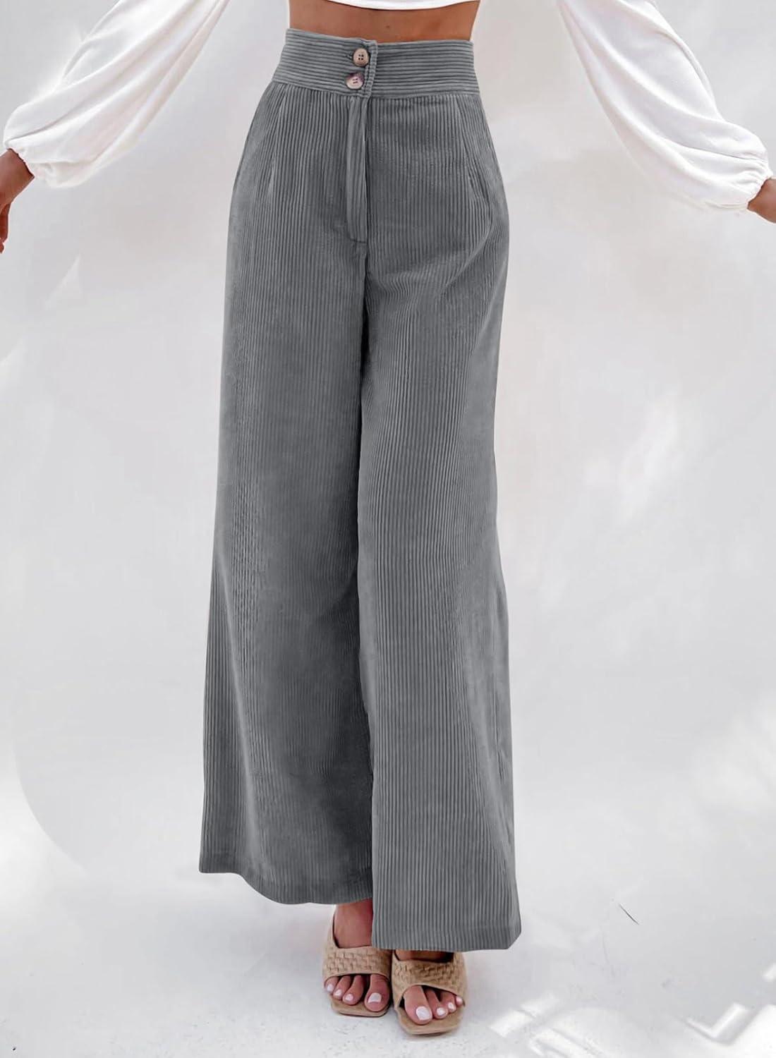 imageSidefeel Corduroy Pants for Women 2025 Casual High Waisted Double Buttoned Stretchy Loose Fit Wide Leg Pants with PocketsGrey