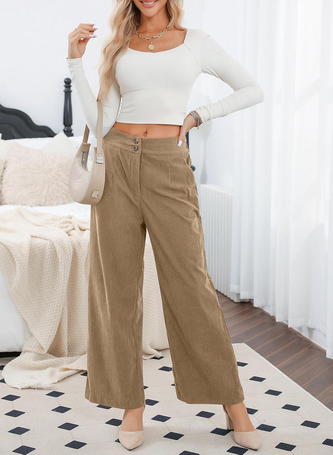 imageSidefeel Corduroy Pants for Women 2025 Casual High Waisted Double Buttoned Stretchy Loose Fit Wide Leg Pants with PocketsKhaki