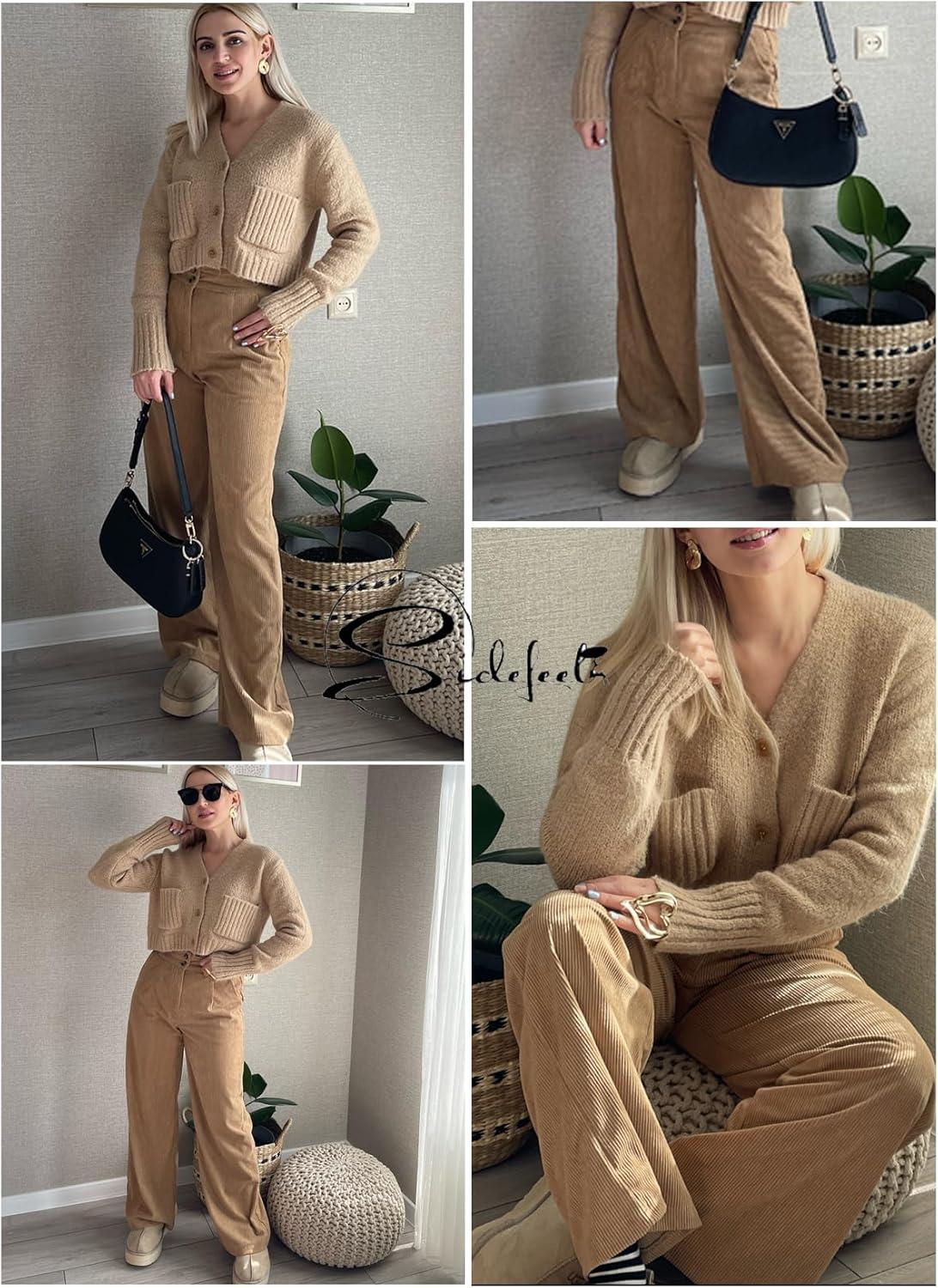 imageSidefeel Corduroy Pants for Women 2025 Casual High Waisted Double Buttoned Stretchy Loose Fit Wide Leg Pants with PocketsKhaki
