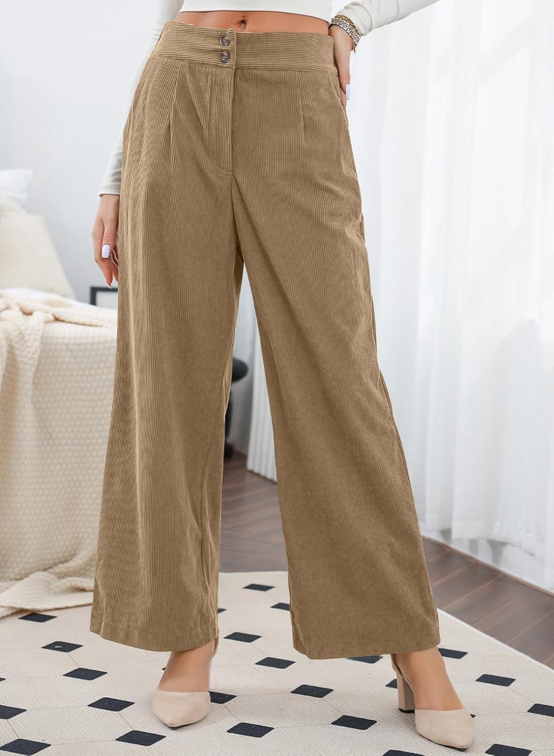 imageSidefeel Corduroy Pants for Women 2025 Casual High Waisted Double Buttoned Stretchy Loose Fit Wide Leg Pants with PocketsKhaki